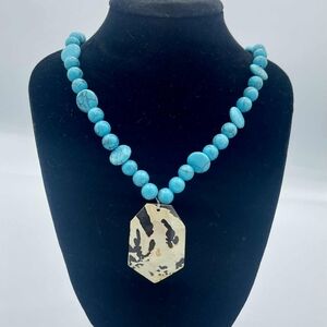 Turquoise Beaded Necklace with Dalmation Jasper Pendant